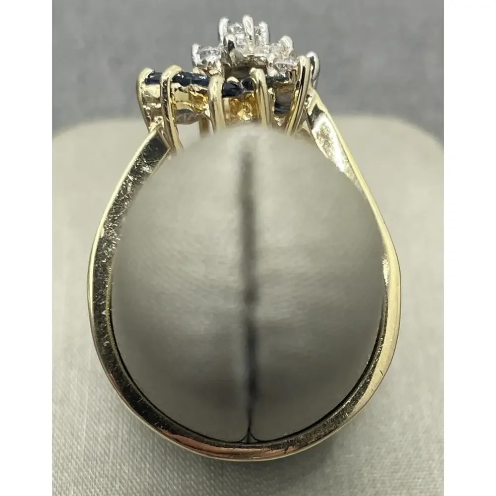 14K Yellow Gold Diamond & Blue Stone Cluster Wave Ring (21886)